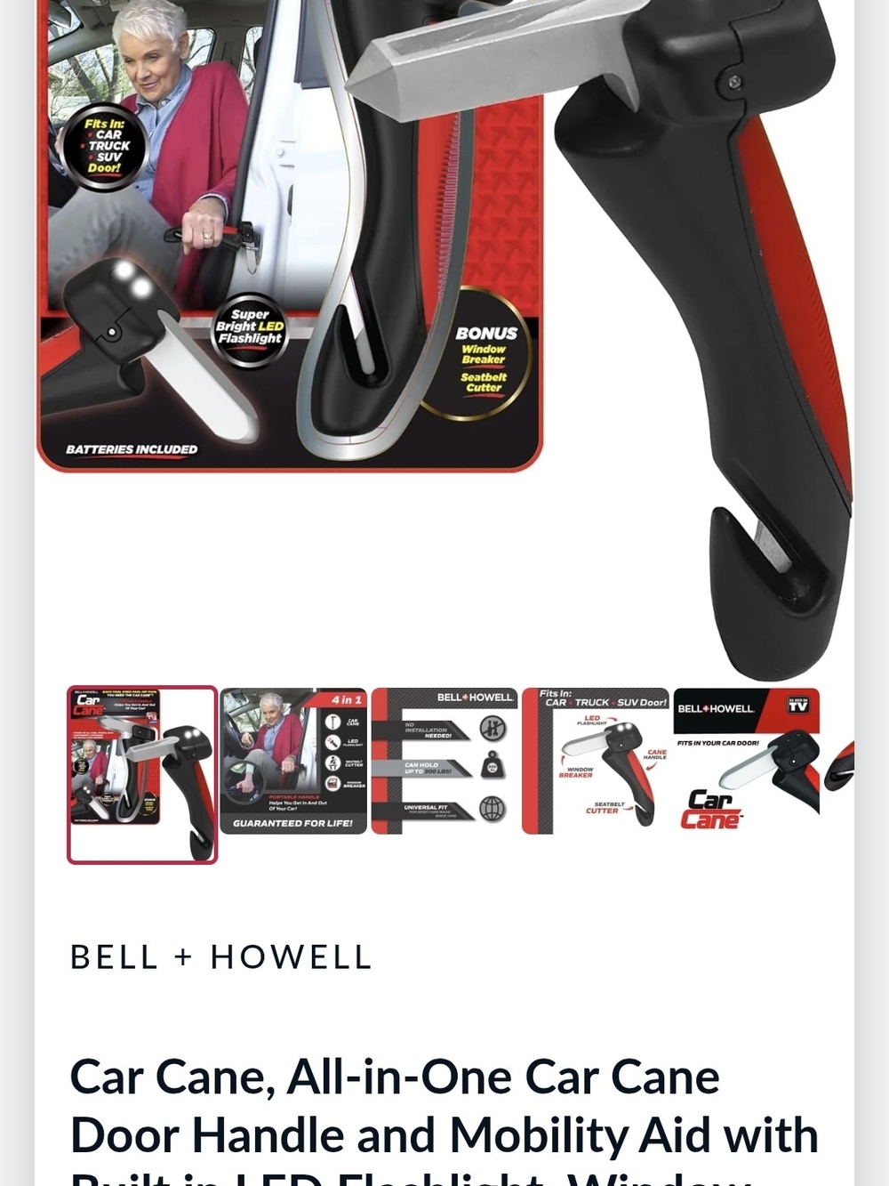 Bell + Howell Car Cane All-in-One Mobility Aid - Black & Red